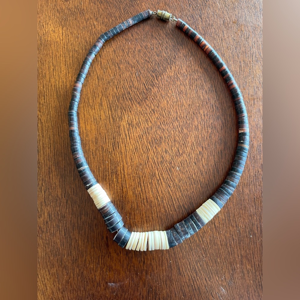 Vintage Heishi Disc Necklace Santo Domingo Hand Cut And Rolled Brown and Cream